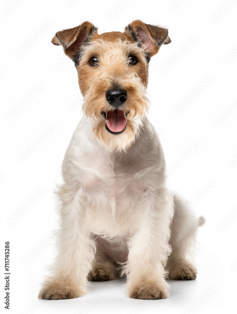 Happy fox terrier dog sitting looking at camera, isolated on all white background