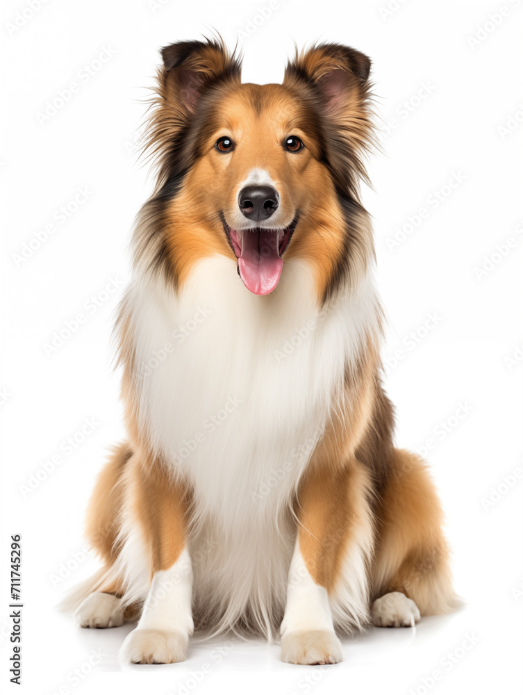 Happy collie dog sitting looking at camera, isolated on all white background