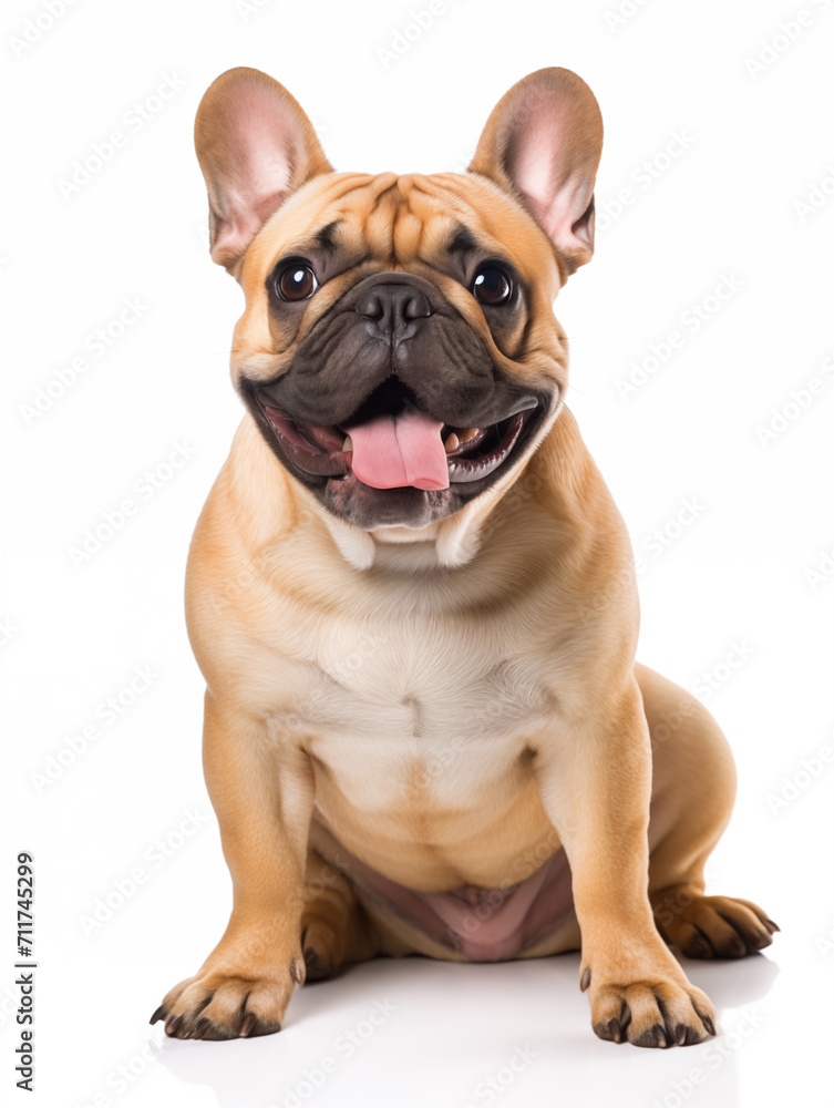 Happy french bulldog sitting looking at camera, isolated on all white background