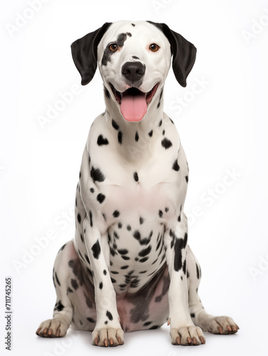 Happy dalmatian dog sitting looking at camera, isolated on all white background