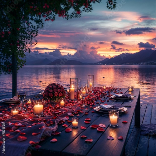 Photo Romantic lakeside dinner setting with candles and roses, perfect for Valentine's Day or a wedding proposal