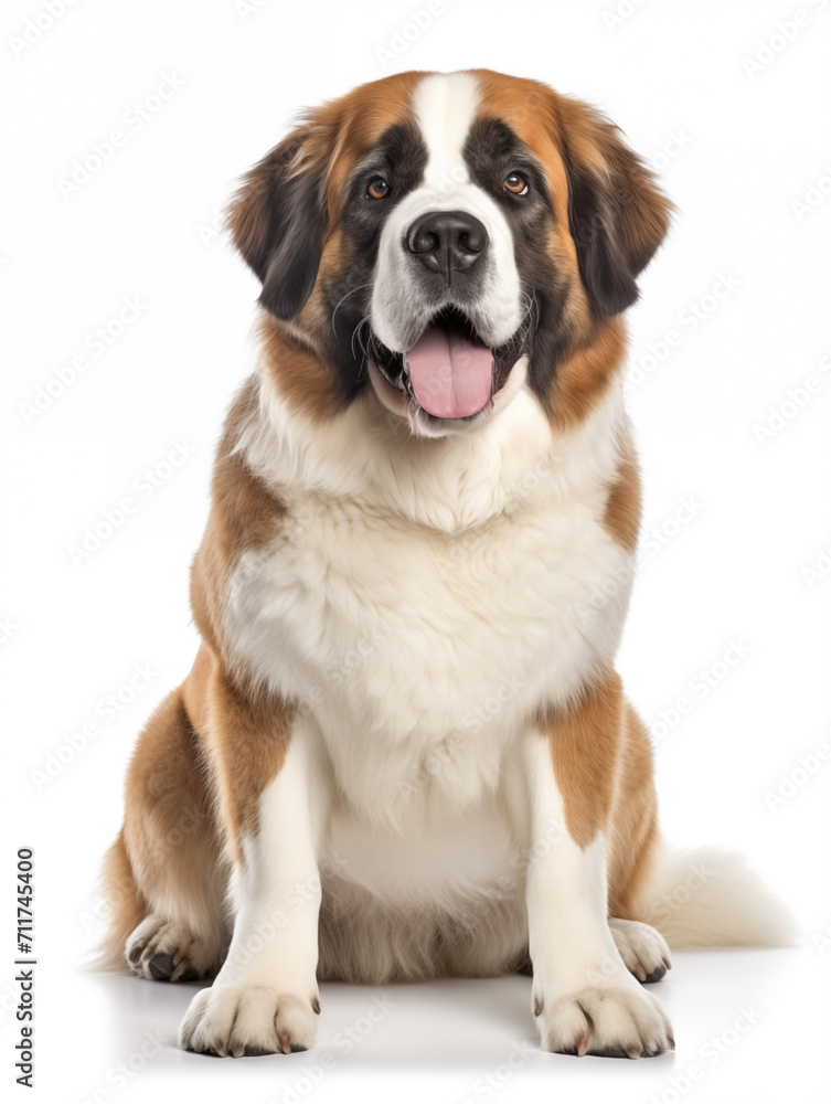 Happy saint Bernard dog sitting looking at camera, isolated on all white background Happy saint Bernard dog sitting looking at camera, isolated on all white background