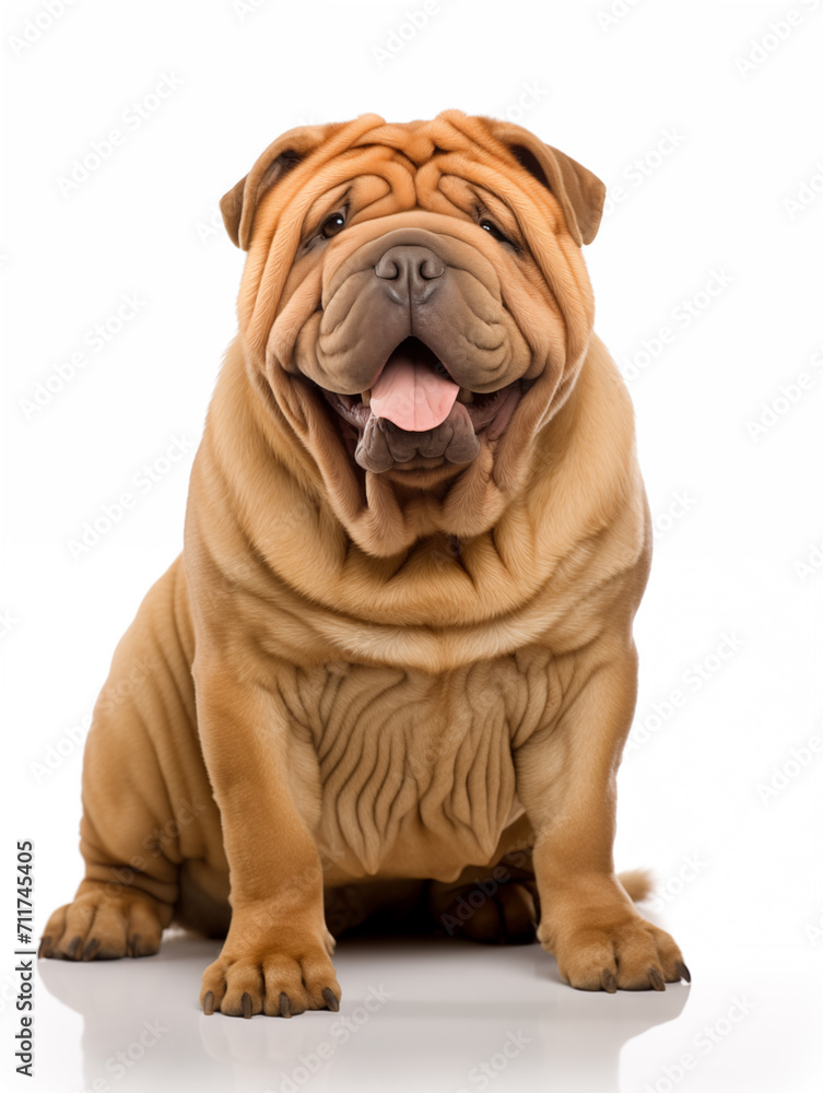 Happy sharpei dog sitting looking at camera, isolated on all white background