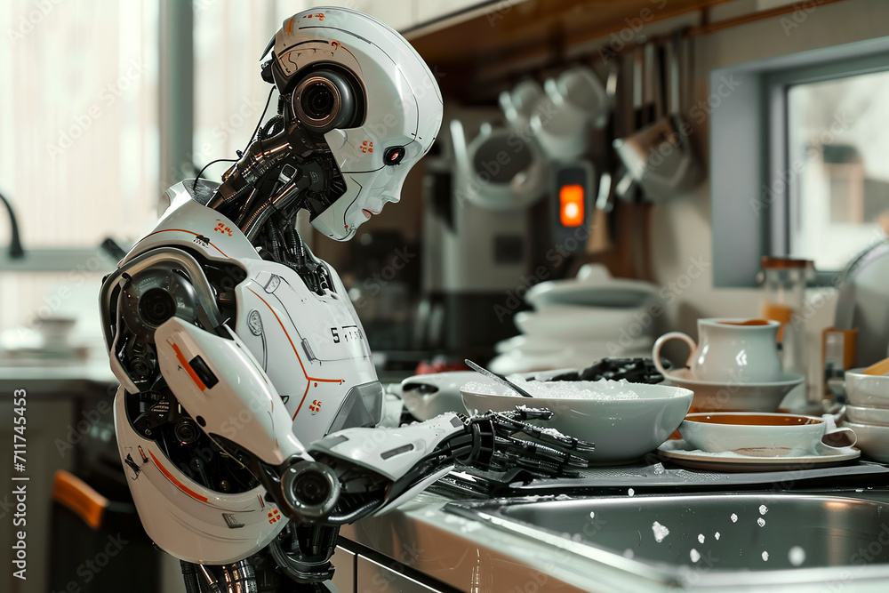 Fototapeta premium Generative AI illustration of next-generation AI robot cleaning dishes