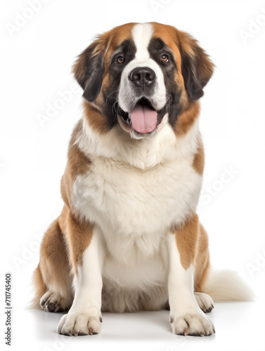 Happy saint Bernard dog sitting looking at camera, isolated on all white background