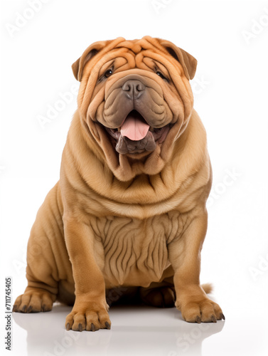 Happy sharpei dog sitting looking at camera, isolated on all white background