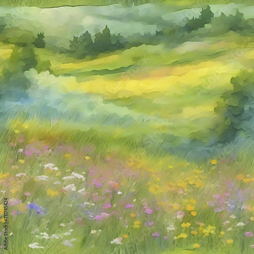 Watercolor painting of an impasto of a wildflower field. 
