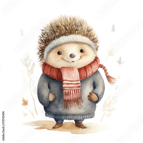 Watercolor illustration of a cute smiling hedgehog wearing a warm hat and scarf on a white background