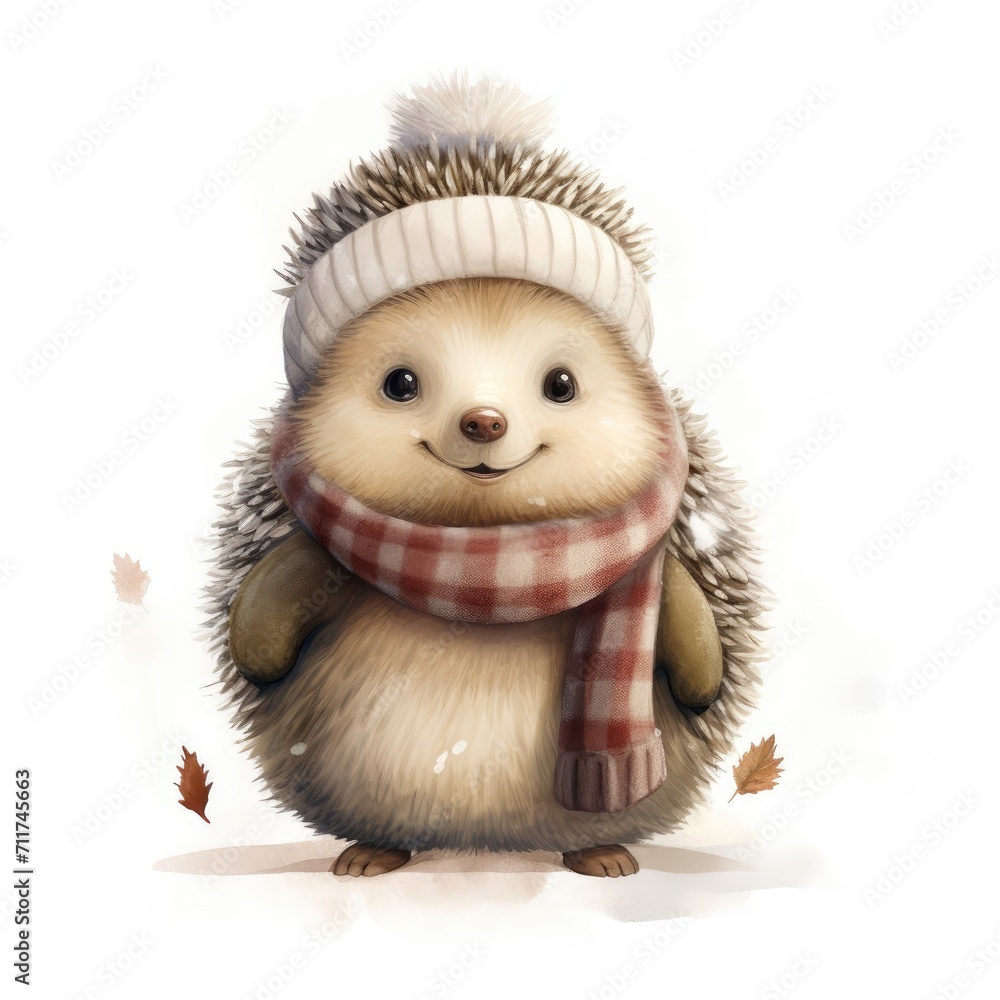 Fototapeta premium Illustration of a cute smiling hedgehog wearing a warm hat and scarf on a white background