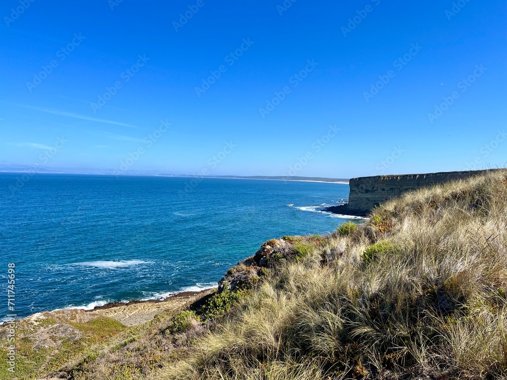 Ocean coastline, ocean coast, blue ocean horizon, clear blue sky, summer adventures Ocean coastline, ocean coast, blue ocean horizon, clear blue sky, summer adventures