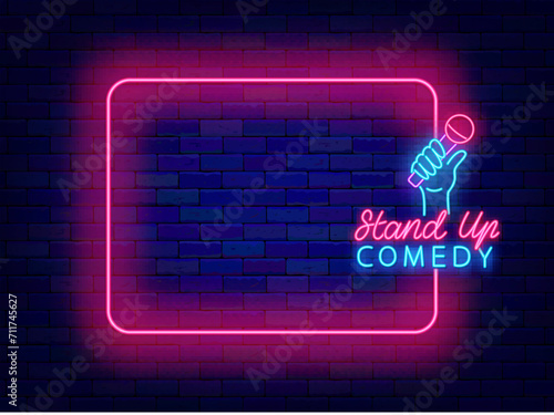 Stand up comedy neon invitation. Humor concert. Greeting card. Empty pink frame and typography. Vector illustration