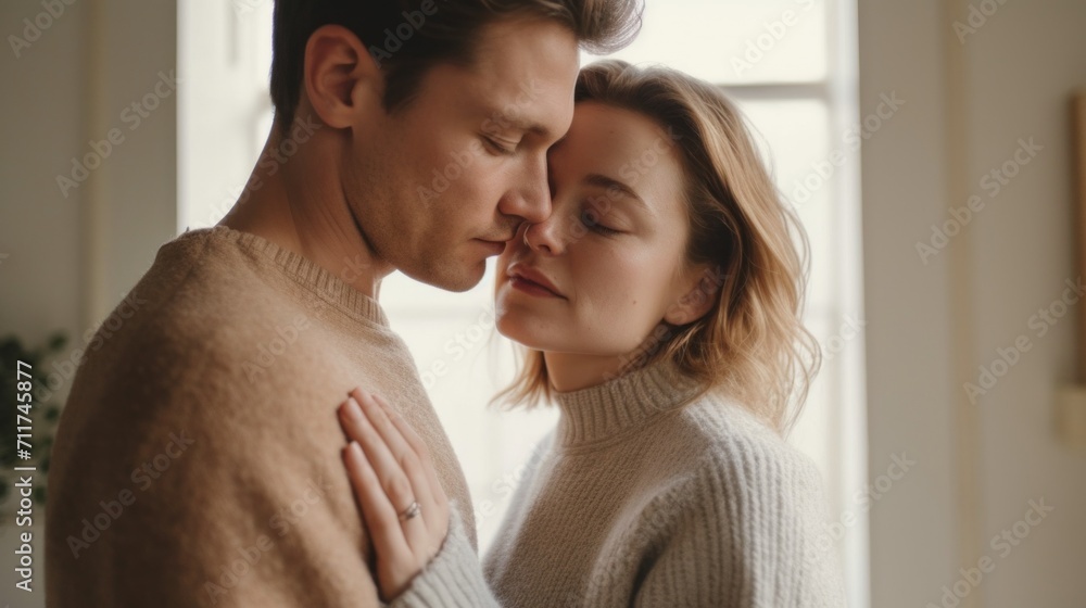 A warm and loving moment between a middle-aged European couple. A warm and loving moment between a middle-aged European couple.