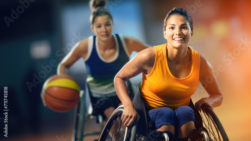 Women in wheelchair playing basketball