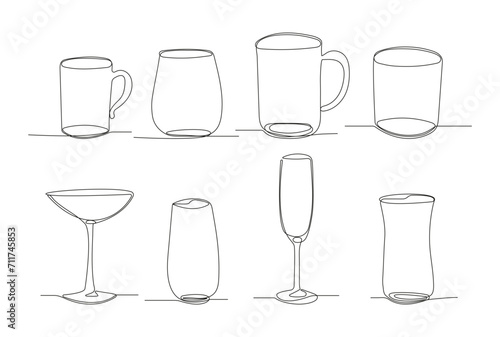 Glasses, glassware for cocktails, juices, alcohol, wine. Vector collection of drinking