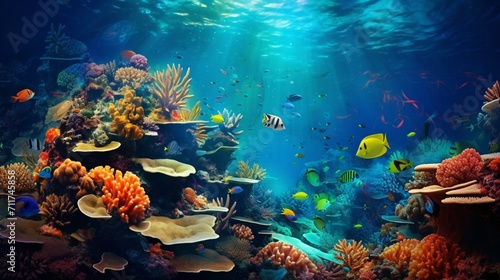 A mesmerizing underwater scene with colorful marine life and coral reefs, providing a corner space for text overlay in the aquatic environment - Generative AI