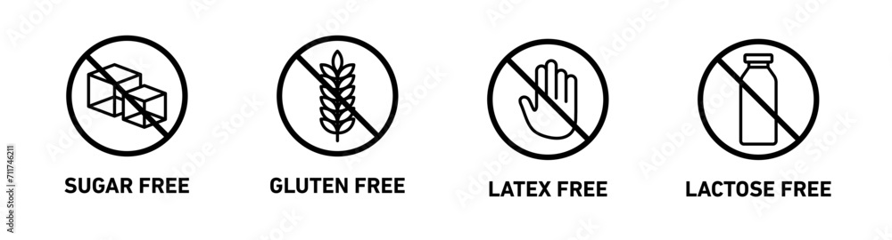 sugar free, gluten free, latex free and lactose free symbol set - obrazy, fototapety, plakaty 