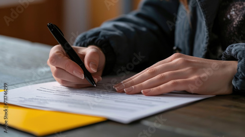 Close-up of a person s hand holding a pen  poised to write or sign a document