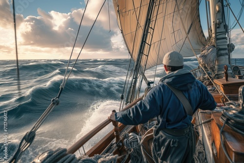 sailor steering ship on vast ocean, eyes on distant horizon