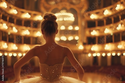 Ballet dancer practices in grand theater, her reflection in mirror.