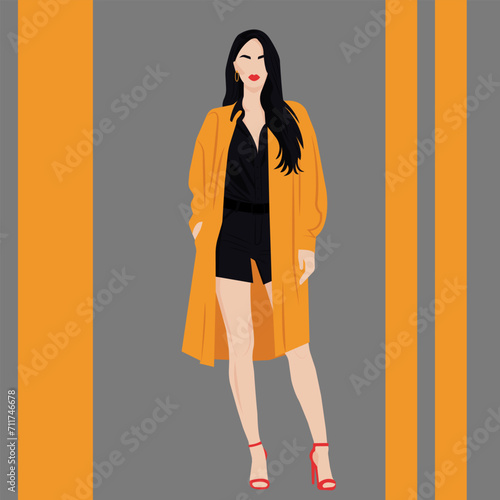 Flat fashion faceless illustration of a beautiful woman in overalls and an orange oversized shirt.
