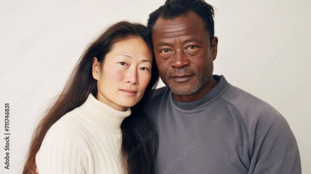 Obraz premium European couple in their 50s hugs at home.