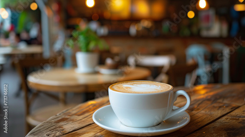 A generously poured  delicious cup of coffee rests on a saucer on a cafe table. Cafe in the background. 