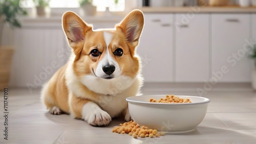 cute Corgi dog and a bowl of dry food in a modern apartment on the floor, food, diet