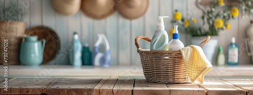 Cleaning set for different surfaces in kitchen, bathroom and other rooms. Basket with cleaning items on blurry background. Spring cleaning. Cleaning service concept with copy space