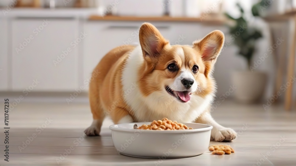 cute Corgi dog and a bowl of dry food in a modern apartment on the floor, food, diet