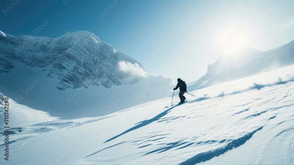 Solitary skier is trekking across a snowy mountain landscape under a bright sun. Solitary skier is trekking across a snowy mountain landscape under a bright sun.