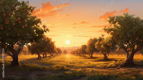 A meticulously illustrated peach orchard in the soft glow of dawn, the fuzzy skins of ripe peaches set against a serene countryside. - Generative AI photo