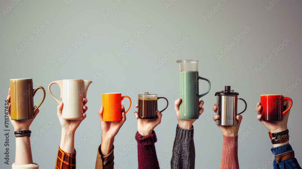 Φωτογραφία Multiple hands are raised, each holding a different type of coffee cup or coffee pot, showcasing a variety of colors and styles against a neutral background