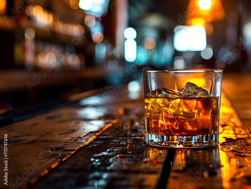 Glass of whiskey with ice cubes on a wooden table in a bar