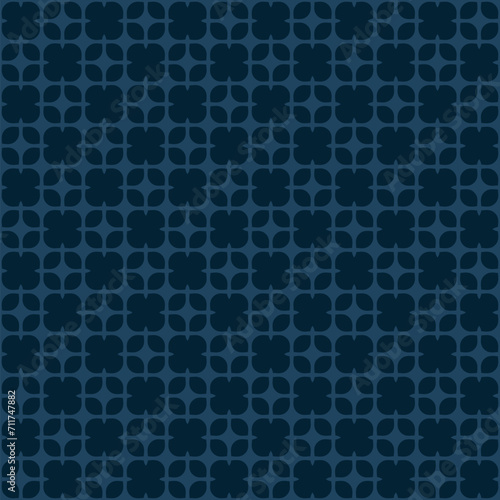Vector geometric abstract seamless pattern. Elegant dark blue background in funky groovy style. Trendy retro style ornament. Simple subtle texture with flower silhouettes, stars, curved shapes, grid