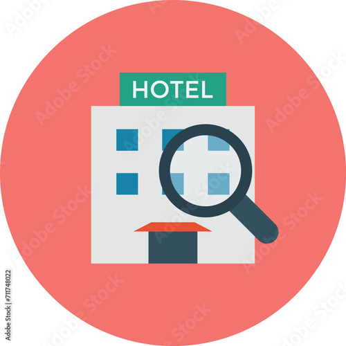magnifying glass with a hotel. hotel icon vector png. beach icon png. tourist place vector icon. tourism, vacationist, globetrotting, hostel, visitor, traverse, travel icon png.