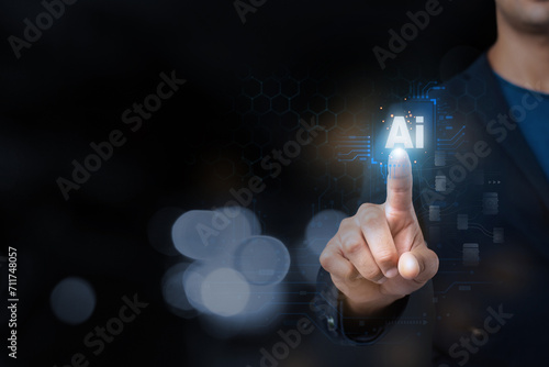 A professional in a suit activates a futuristic artificial intelligence interface with a touch of a finger..