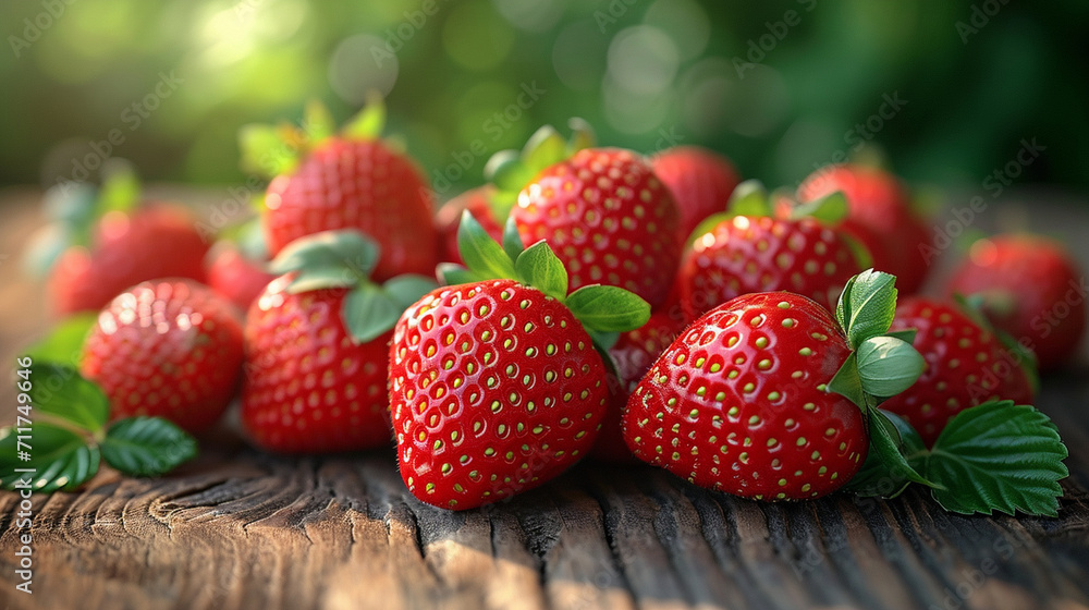 An artistic composition of a group of strawberries arranged on a rustic wooden surface, with vibrant green leaves and soft shadows, capturing the essence of freshness and natural b