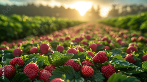 A picturesque scene of a strawberry field bathed in soft sunlight, with rows of strawberry plants stretching into the distance, creating a visually captivating landscape of agricul