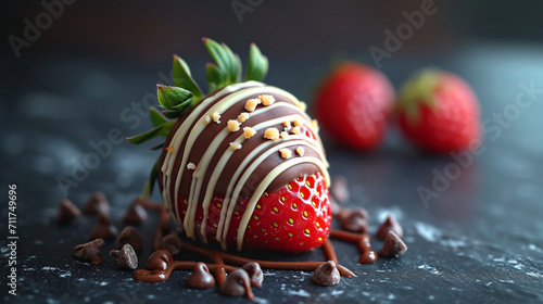 A visually elaborate image of a strawberry dipped in rich, dark chocolate, with a drizzle of white chocolate creating an enticing contrast, appealing to both the eyes and the taste