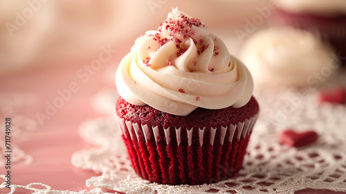 Cupcake de terciopelo rojo con crema y corazón decorativo photo