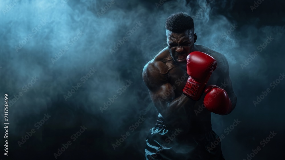 Intense boxer ready to fight, with red gloves, surrounded by dramatic smoke. Perfect for sports and determination themes. - obrazy, fototapety, plakaty 