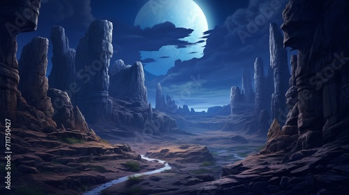 A moonlit canyon landscape with jagged rock formations, portraying the dramatic and mystical beauty of a nighttime canyon setting - Generative AI