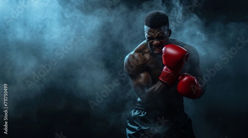 Intense boxer ready to fight, with red gloves, surrounded by dramatic smoke. Perfect for sports and determination themes. © Tirawat
