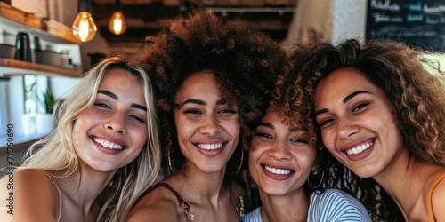 Obraz na plátne Group of Joyful Young Women Taking a Selfie in a Cafe
