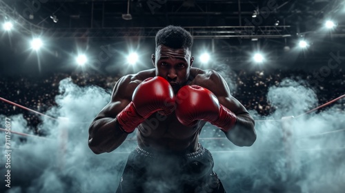 Focused boxer with gloves ready to fight in a smokey ring, intense gaze, dramatic lighting. Perfect for sports themes. © Tirawat