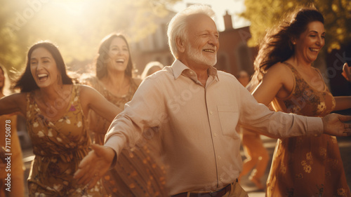 group of happy senior friends dancing together photo