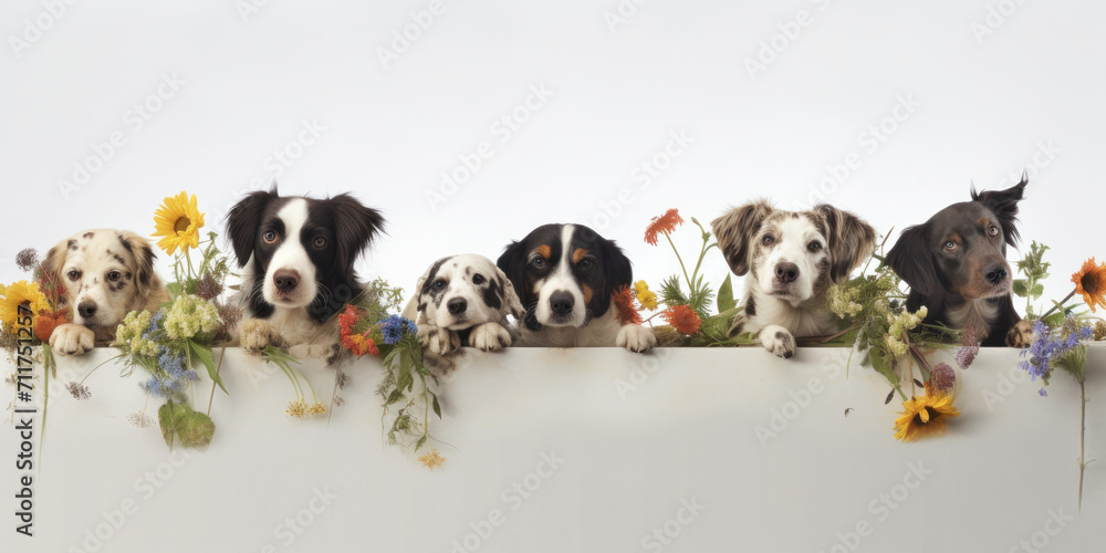 A row of dogs of different breeds peeks out behind a light banner decorated with flowers. Pet products advertising poster mockup. Spring theme.