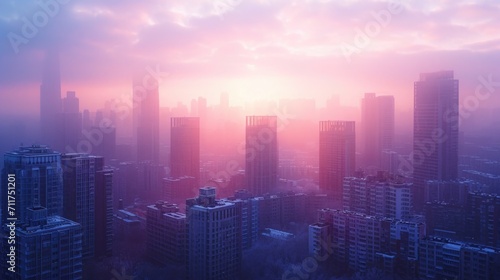 Frosty Urban Landscape, Long Shot of Skyscrapers with Frost-Covered Windows, Dawn Light Creating a Glittering Effect, Conveying the Cold Grip on the City