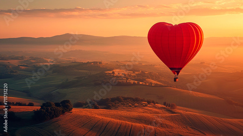 Paisaje de colinas al amanecer con globo aerostático en forma de corazón photo