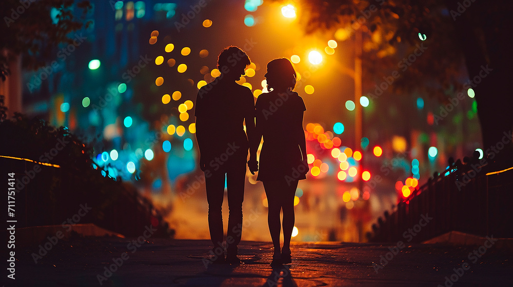 Pareja Caminando de Mano en Mano en Ciudad Iluminada al Atardecer